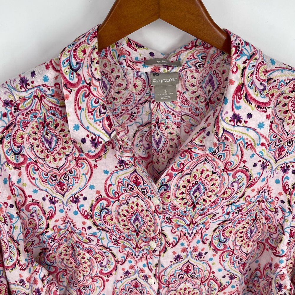 Chico’s Paisley Print No-Iron 100% Linen Tunic Top Button Shirt Size 3, XL, 1X - Picture 10 of 14